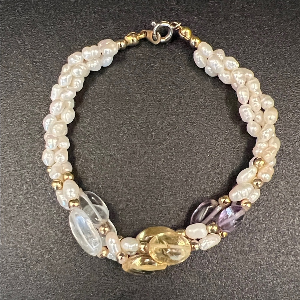 Multi-Gem and Freshwater Pearl Braided 7.25” Bracelet - Gold Accents